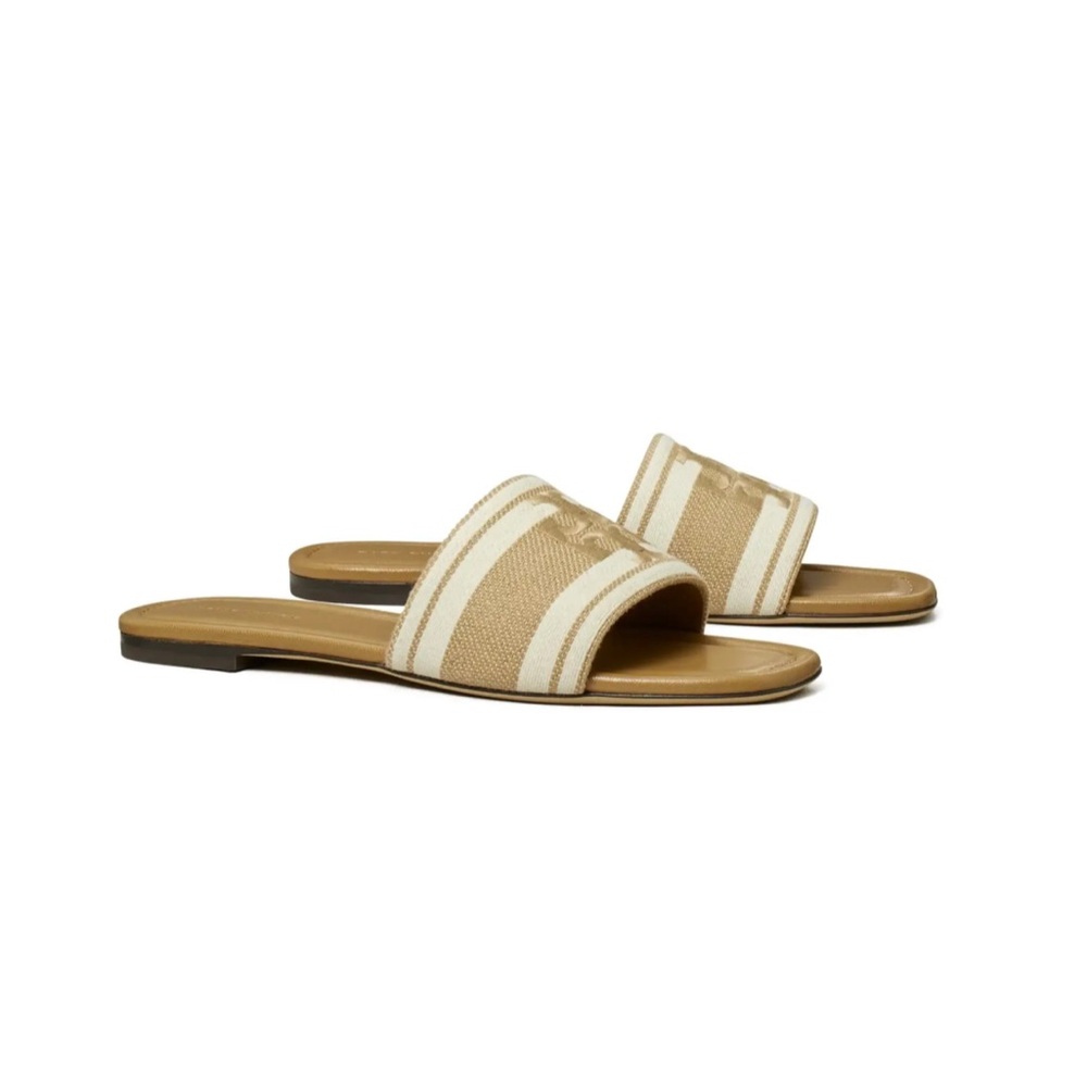 Tory Burch Double T Jacquard Slide Cammello/Ash White Size 7
